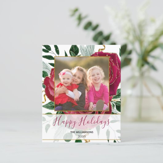 Budget Elegant Glam Red Roses Glitter Holiday Kaar (Staand voorkant)