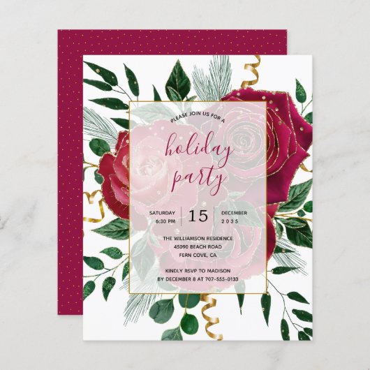 Budget Elegant Glam Red Roses Holiday Party nodigt (Voorkant / Achterkant)