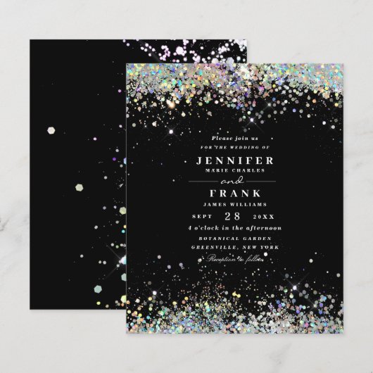 Budget Elegant Glitter Black Wedding Uitnodiging (Voorkant / Achterkant)