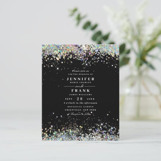 Budget Elegant Glitter Black Wedding Uitnodiging (Staand voorkant)