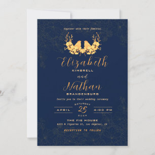 Budget Elegant Gold Birds Navy blue Wedding Invite Bedankkaart