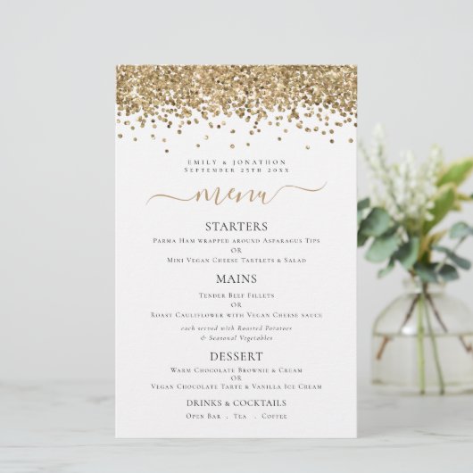 Budget Elegant Gold Glitter Wedding Menu (Staand voorkant)
