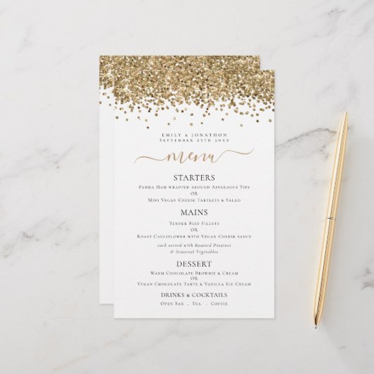 Budget Elegant Gold Glitter Wedding Menu (Voorkant / Achterkant in situ)