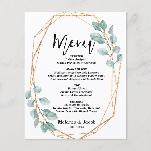 Budget Elegant Gold Greenery Flat Menu Kaart (Voorkant)