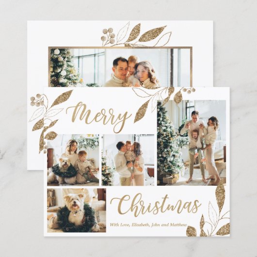 Budget Elegant Gold Leaves Fotokerstkaart (Voorkant / Achterkant)