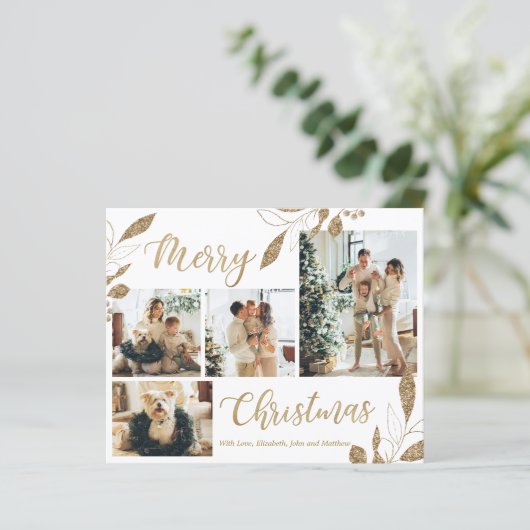 Budget Elegant Gold Leaves Fotokerstkaart (Staand voorkant)