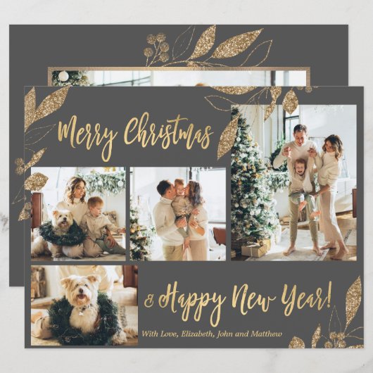 Budget Elegant Gold Leaves Fotokerstkaart (Voorkant / Achterkant)