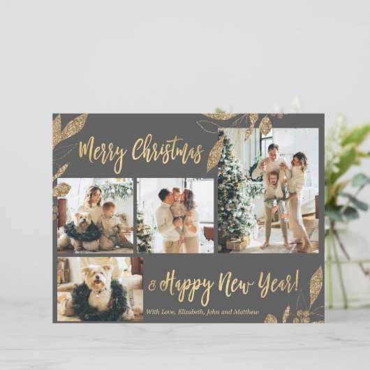 Budget Elegant Gold Leaves Fotokerstkaart (Staand voorkant)