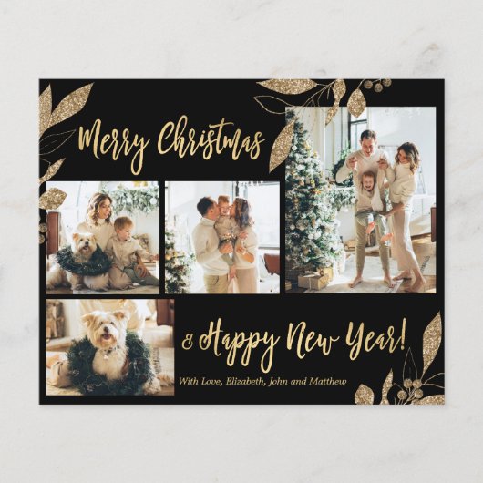 Budget Elegant Gold Leaves Fotokerstkaart (Voorkant)