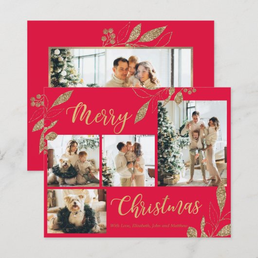 Budget Elegant Gold Leaves Fotokerstkaart (Voorkant / Achterkant)