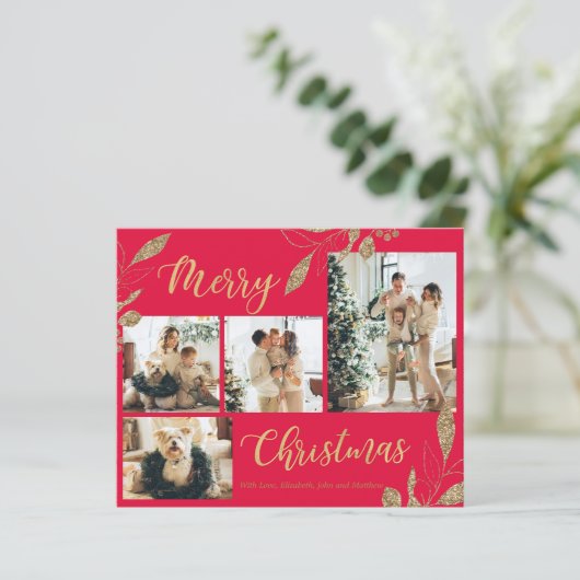 Budget Elegant Gold Leaves Fotokerstkaart (Staand voorkant)