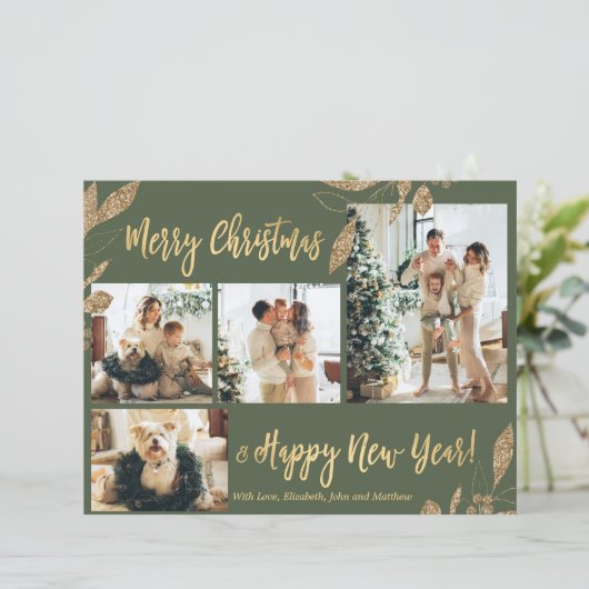 Budget Elegant Gold Leaves Fotokerstkaart (Staand voorkant)