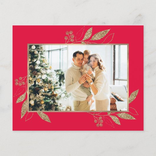 Budget Elegant Gold Leaves Fotokerstkaart (Achterkant)