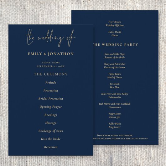 Budget Elegant Gold Navy Blue Wedding Programme