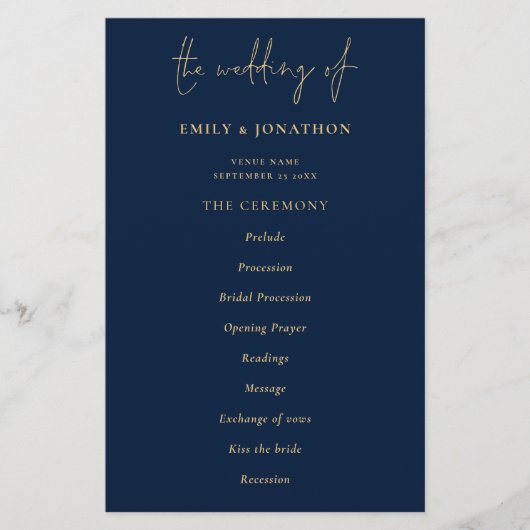 Budget Elegant Gold Navy Blue Wedding Programme (Voorkant)