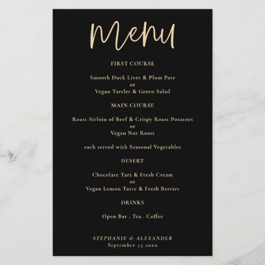 Budget Elegant Gold Script Black Weduwmenu (Voorkant)