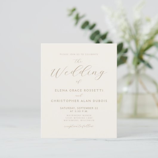 Budget Elegant Gold Script Ivory Wedding Invite (Staand voorkant)