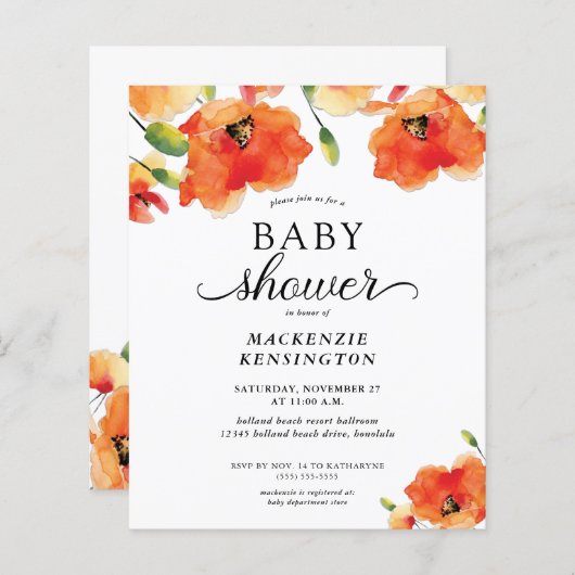 Budget Elegant Golden Poppy Baby shower Invitation (Voorkant / Achterkant)