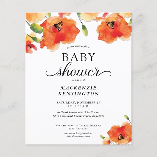 Budget Elegant Golden Poppy Baby shower Invitation (Voorkant)
