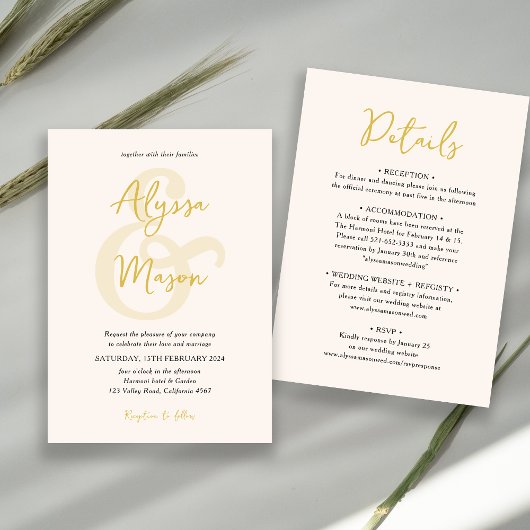 Budget Elegant Goud en Beige Ampersand Bruiloft Kaart