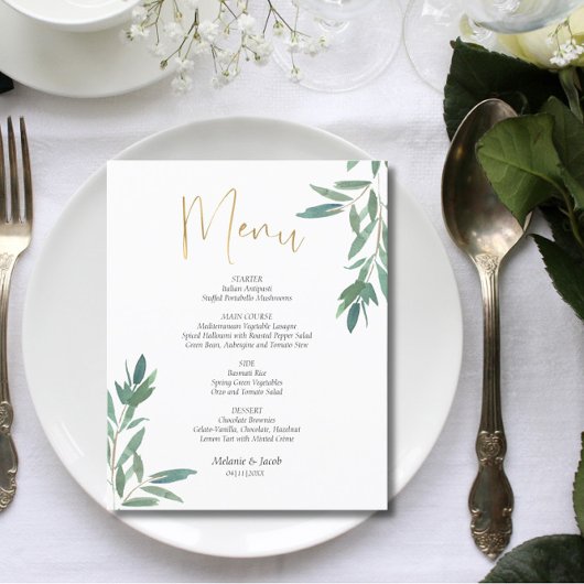Budget Elegant Green Foliage Flat Menu Kaart