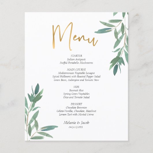 Budget Elegant Green Foliage Flat Menu Kaart (Voorkant)