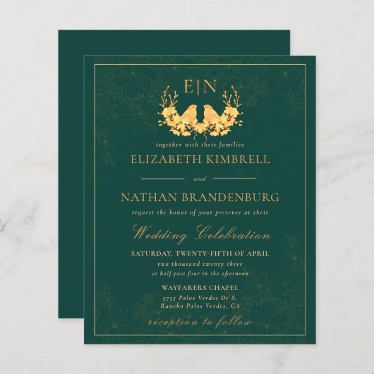Budget Elegant Green Gold Monogram Wedding Invite (Voorkant / Achterkant)