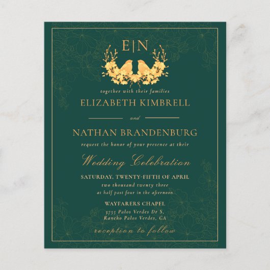Budget Elegant Green Gold Monogram Wedding Invite (Voorkant)