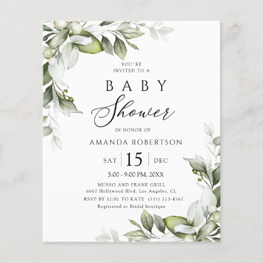 Budget Elegant Greenery Baby shower Flyer (Voorkant)