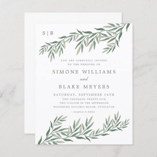 Budget Elegant Greenery Foliage Wedding Invitation (Voorkant / Achterkant)