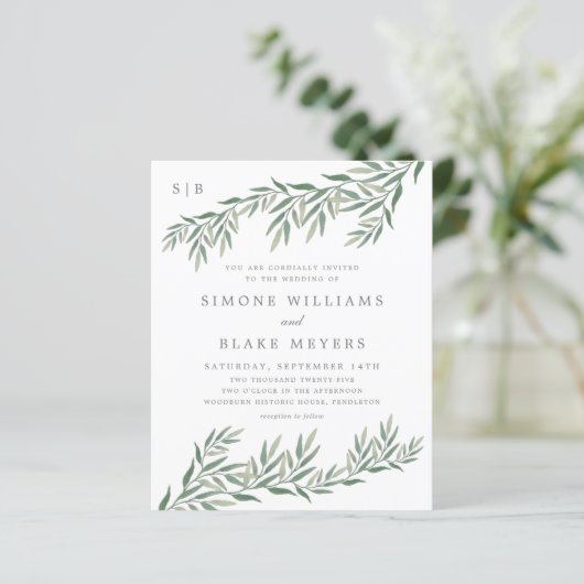 Budget Elegant Greenery Foliage Wedding Invitation (Staand voorkant)