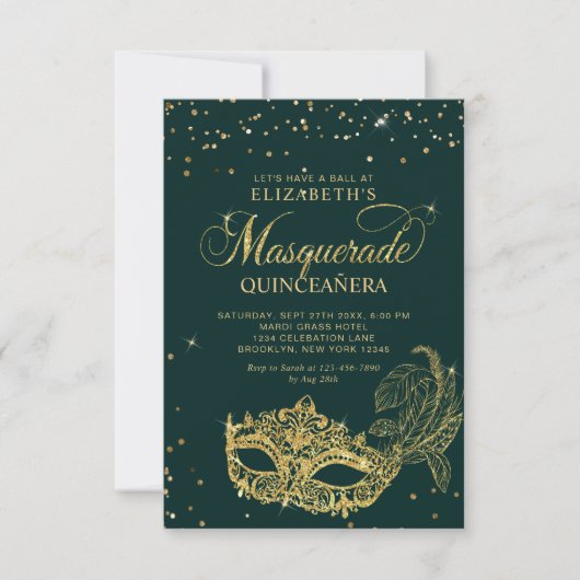 BUDGET Elegant Groen Goud Masquerade Quinceañera Notitiekaartje (Voorkant)