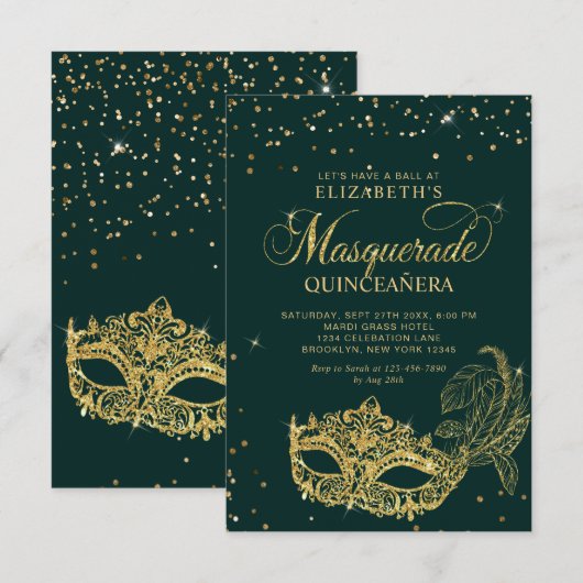 BUDGET Elegant Groen Goud Masquerade Quinceañera Notitiekaartje (Voorkant / Achterkant)