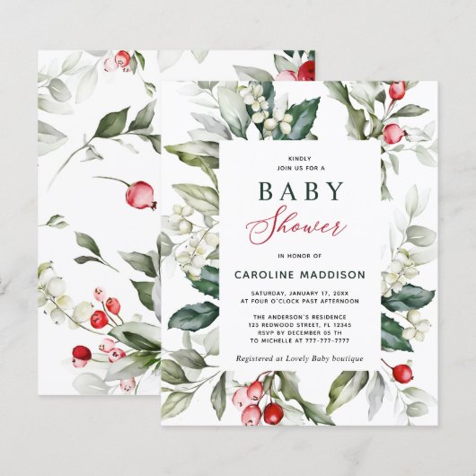 Budget Elegant Holly Greenery Baby shower Flyer (Voorkant / Achterkant)