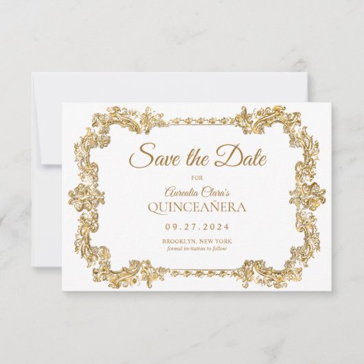 BUDGET Elegant Ivoor Wit Goud Lijst Quinceanera Notitiekaartje (Voorkant)