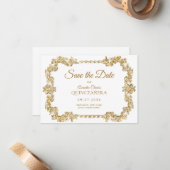 BUDGET Elegant Ivoor Wit Goud Lijst Quinceanera Notitiekaartje (Voorkant / Achterkant in situ)