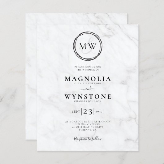 Budget Elegant Marble Monogram Weddenschap Uitnodi (Voorkant / Achterkant)
