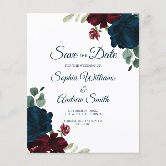 BUDGET Elegant Marsala & Navy Floral Save the Date (Voorkant)