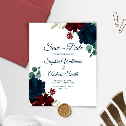 BUDGET Elegant Marsala & Navy Floral Save the Date