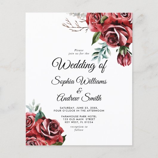 Budget Elegant Marsala Red Rose Wedding Uitnodigin (Voorkant)