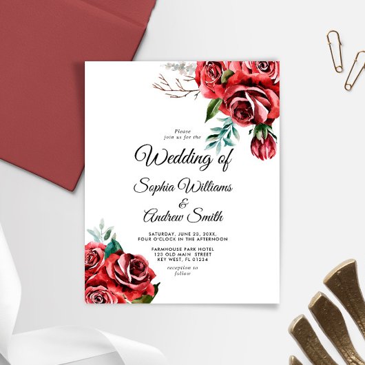 Budget Elegant Marsala Red Rose Wedding Uitnodigin