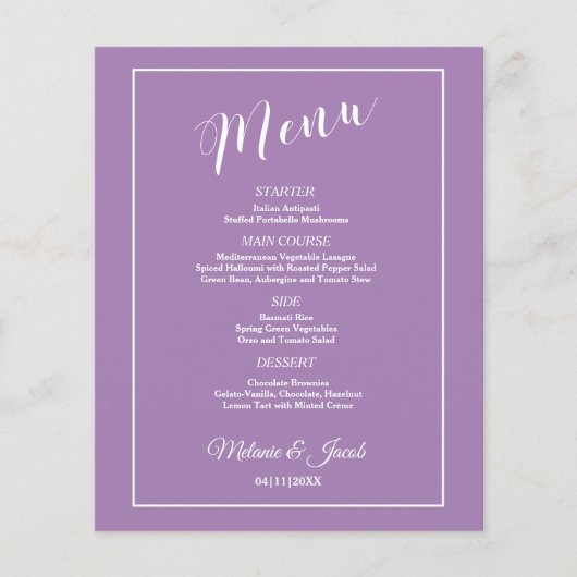 Budget Elegant Minimalist Lavender Flat Menu Kaart (Voorkant)