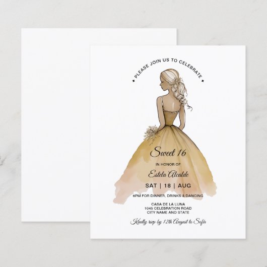 Budget Elegant Minimalist Sweet 16 Uitnodiging (Voorkant / Achterkant)