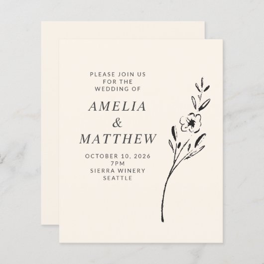 Budget Elegant Minimum Flower Cream Wedding Invite (Voorkant / Achterkant)