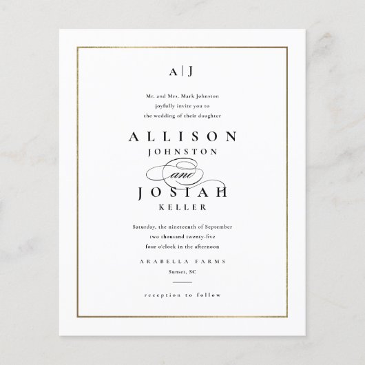 Budget Elegant Monogram Gold Weduwen Uitnodiging (Voorkant)