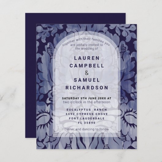 Budget Elegant Navy Blue Damask Wedding Uitnodigin (Voorkant / Achterkant)