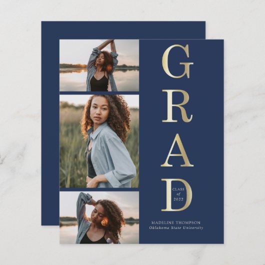 Budget Elegant Navy Blue Gold 3 Foto Afstuderen (Voorkant / Achterkant)