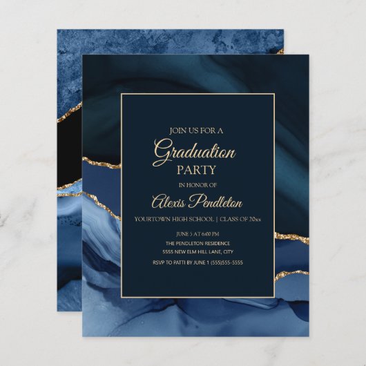 BUDGET Elegant Navy Blue Gold Marble Afstuderen (Voorkant / Achterkant)