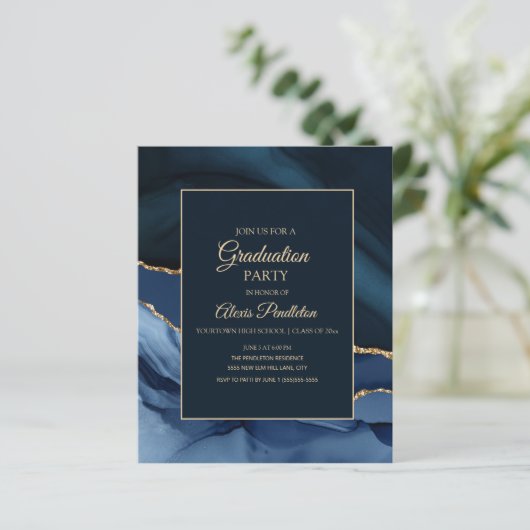 BUDGET Elegant Navy Blue Gold Marble Afstuderen (Staand voorkant)