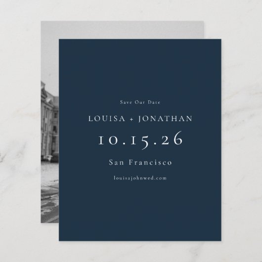 Budget Elegant Navy Photo Wedding Save the Date (Voorkant / Achterkant)